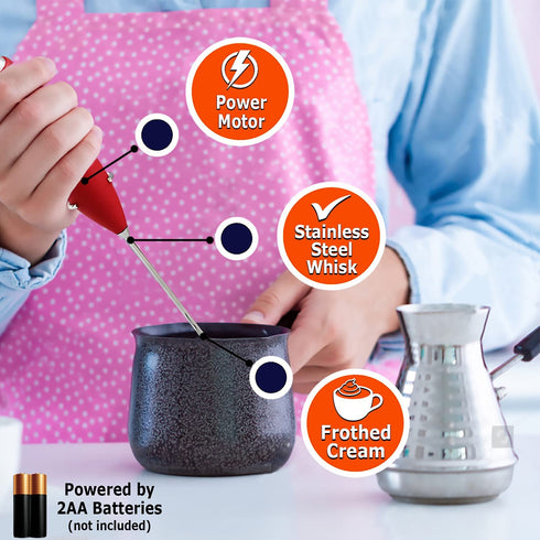 ellostar Milk Frother Handheld Electric Battery Operated Foam Maker For Coffee, Latte, Cappuccino, Frappe, Matcha, Hot Chocolate, Drink Mixer With Stainless Steel Whisk, Stand Included (Red)