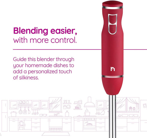 New House Kitchen Immersion Hand Blender 2 Speed Stick Mixer with Stainless Steel Shaft & Blade 300 Watts Easily Food, Mixes Sauces, Purees Soups, Smoothies, and Dips, Red