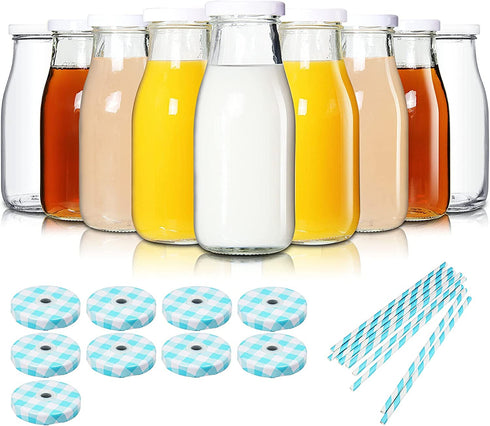 YEBODA 11oz Glass Milk Bottles with Reusable Metal Twist Lids and Straws for Beverage Glassware and Drinkware Parties, Weddings, BBQ, Picnics, Set of 9