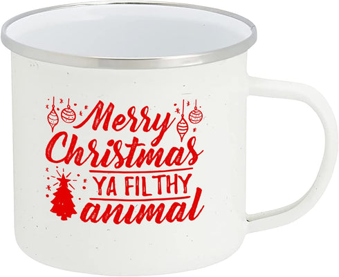 Holiday Coffee Mug - Festive White Enamel Camping 16 Ounce Coffee Cup For Home and Gifting, Merry Xmas Ya Filthy Animal