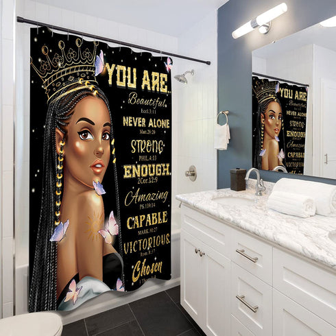 LIGHTINHOME African American Woman Quotes Shower Curtain Inspirational Black Girl Queen 60Wx72H Motivational Butterfly Intelligent Word Fabric Waterproof Home Bathtub Decor 12 Pack Plastic Hooks