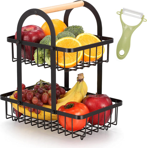 Fruit Basket, 2 Tier Fruit Bowl Storage Holder Detachable Wire Baskets Holder Fruit Tray, Kitchen Organizer For Fruit Vegetables Bread Snack,Free Fruit Peeler,Metal,Black