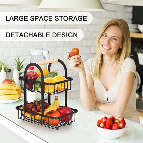 Fruit Basket, 2 Tier Fruit Bowl Storage Holder Detachable Wire Baskets Holder Fruit Tray, Kitchen Organizer For Fruit Vegetables Bread Snack,Free Fruit Peeler,Metal,Black