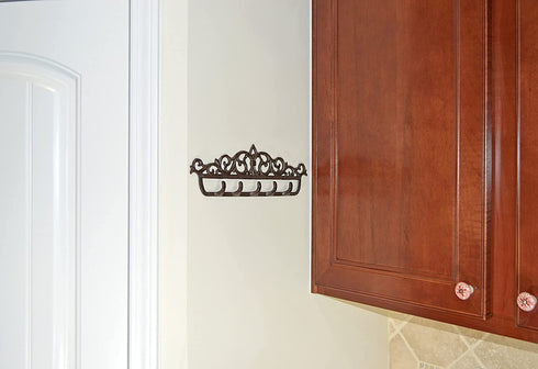 gasare, Key Holder for Wall, Decorative Key Rack, 5 Sturdy Hooks, Cast Iron, Brown, 12½ x 5¼ Inches, Wall Mount Screws and Anchors, 1 Unit