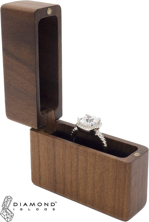 DIAMOND IGLOOS Handcrafted Black Walnut Ring Box with Jewelry Cleaning Cloth - Wood Ring Box - Ring Box for Proposal - Engagement Ring Box - Small Ring Box - Slim Ring Box