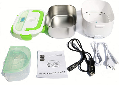 electric lunch box for car and home,heated lunch boxes for adults, lunch warmer portable 12V/24V/110V,portable thermos with Spoon and Two Compartments (Green)
