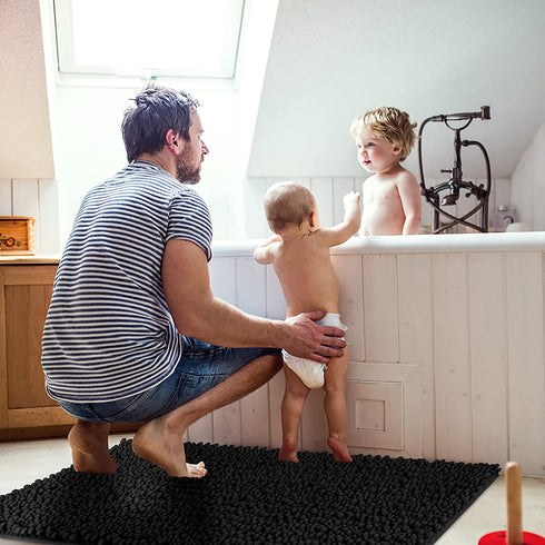 Yimobra Original Luxury Chenille Bath Mat, 24 x 17 Inches, Soft Shaggy and Comfortable, Large Size, Super Absorbent and Thick, Non-Slip, Machine Washable, Perfect for Bathroom, Black