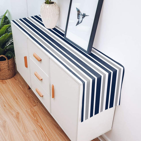 Stripe Table Runner-Navy Blue Gray White Cotton linen-Long 108 inche Dresser Scarves,Farmhouse Tablerunner for Kitchen Coffee/Dining/Sofa Table Bedroom Home Living Room,Scarf Decor for Holiday Dinner