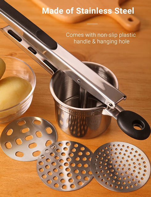 WILLIZTER Potato Ricer, Stainless Steel Potato Ricer Fruit and Vegetables Masher Food Ricer Large Capacity with 3 Interchangeable Discs & Inner Cup