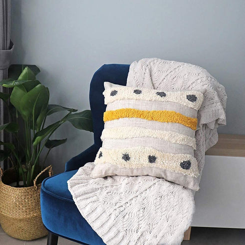 VANNCIO Boho Tufted Throw Pillow Cover with Handwoven Stripes, Linen Cotton Simple Decorative Cushion Case for Couch Sofa, 18x18 inches, 1 PC(Mustard Yellow)