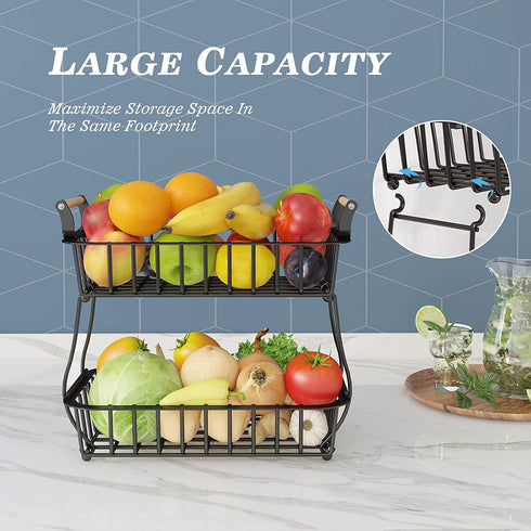 Wisdom Star 2 Tier Fruit Basket Bowl Farmhouse for Kitchen Countertop, Detachable Metal Bread Fruit Vegetable Storage Basket Stand Holder with Wooden Handle , Black