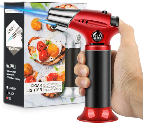 Blow Torch, Professional Kitchen Cooking Torch with Lock Adjustable Flame Refillable Mini Blow Torch Lighter for BBQ, Baking, Brulee Creme, Crafts and Soldering(Butane Gas Not Included)