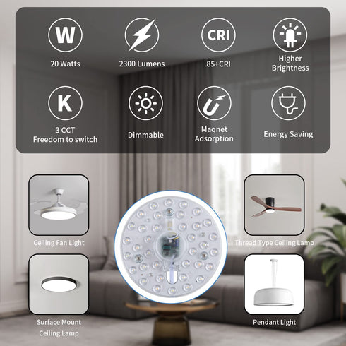 Dimmable 6" 20W 2300LM AC85~265V 3CCT 3000K 5000K 6500K CRI85+, LED Light Engine Retrofit Kit, Ceiling Fan Light Kit, LED Light Board for Ceiling Flush Light, Light Panel for Circle Fluorescent Light
