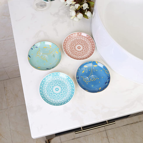 Ceramic Ring Dish Jewelry Tray,Bohemian/Boho Dandelion Decorative Organizer Trinket Dish with Golden,Home Decor Wedding Birthday Housewarming Gift for Her(Blue)
