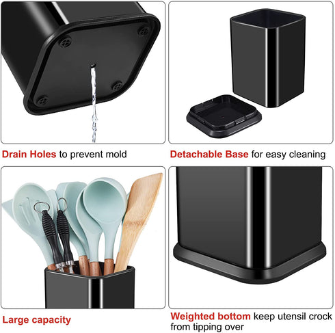 Stainless Steel Kitchen Utensil Holder for countertop,Large Cooking Utensil Organizer for Spatula Spoon,Weighted Base Modern Rectangular Utensil Crock for Kitchen Counter,Utensil Caddy Storage (Black)