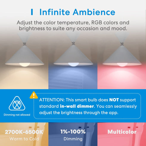 Smart Light Bulb, meross Smart WiFi LED Bulbs Compatible with Apple HomeKit, Siri, Alexa, Google Assistant and SmartThings, Dimmable E26 Multicolor 2700K-6500K RGBCW, 810 Lumens 60W Equivalent, 1 Pack