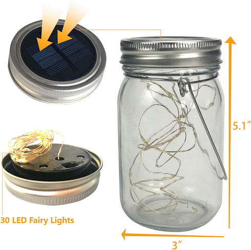 Outdoor Solar Powered Mason Jar Lights 6 Pack Waterproof 30 Mini LED Fairy Star Firefly Garden Table Decorations Patio Lighting Decor Lanterns Backyard Tree Hanging Lawn Porch Decorative Warm White