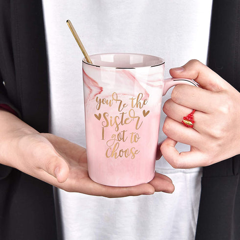 Gift for Sister - You Are The Sister I Got to Choose Coffee Mug - Sister Birthday Christmas Gift from Sister - Sister in Law Gifts - Marble Sister Mug with Spoon Coaster Gift Box 14 Oz Pink