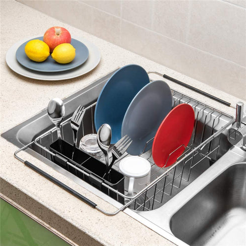 SANNO Large Expandable Dish Drying Rack with Removable Utensil Silverware Holder,Deep Large Dish Rack Over The Sink in Sink On Counter,Dish Drainers Stainless Steel