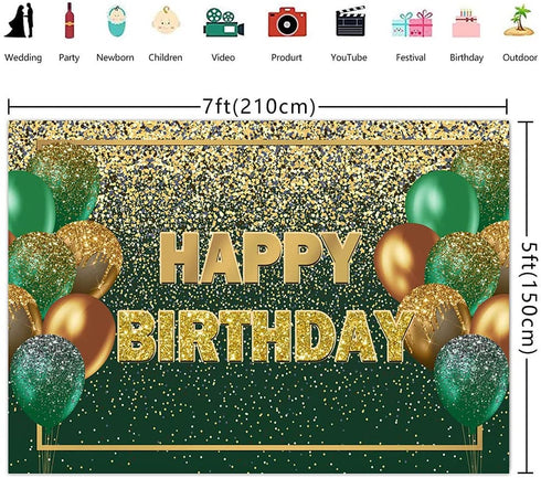 Ticuenicoa 7—5ft Glitter Green Gold Birthday Backdrop Gold Green Bokeh Balloons Women Men Happy Birthday Banner Decorations 30th 40th 50th 60th Birthday Party Photography Background Photo Props
