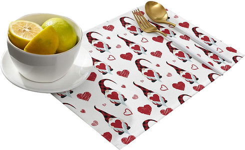 Valentines Placemats Set of 4 Gnomes and Heart Table Mats, Love Red Buffalo Check Plaid Table Decoration for Kitchen Dining Table Stain Resistant Heat Insulation Non-Slip Washable