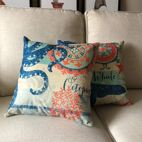 ULOVE LOVE YOURSELF Ocean Theme Square Pillow Case Mediterranean Style Decorative Cotton Linen Throw Coastal Cushion Cover Sets 18 X 18 Inch Pillow Covers, 4 Pack Nautical Pillow Covers (Sea Theme-2)