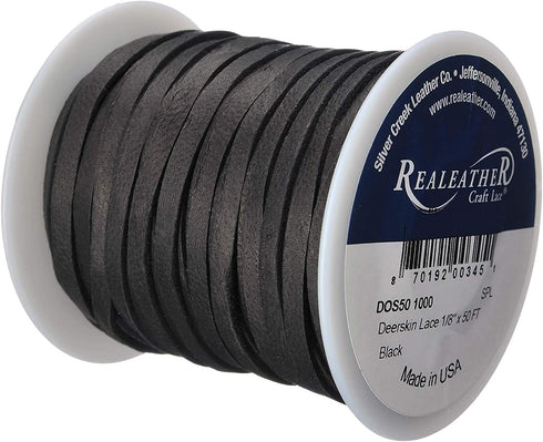 Realeather Crafts Deerskin Lace, 0.125-Inch Wide 50-feet Spool, Black