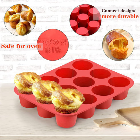 12-Cup Silicone Popover Pans, Professional Popover Pan for Popovers, Non-Stick Popover Pans for Muffins, Brownies and Baking