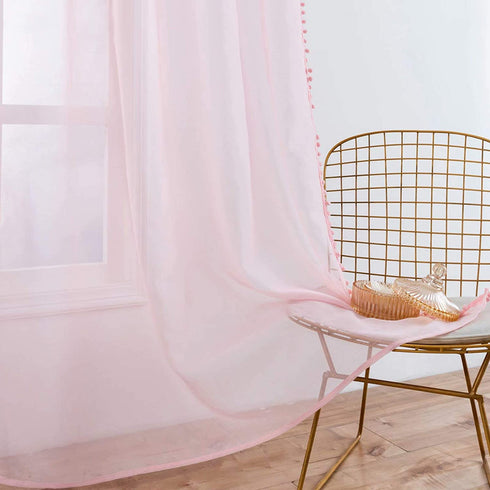 MISS SELECTEX Linen Look Pom Pom Tasseled Sheer Curtains - Rod Pocket Voile Semi-Sheer Curtains for Living and Bedroom, Set of 2 Curtain Panels (42 x 95 inch, Baby Pink)