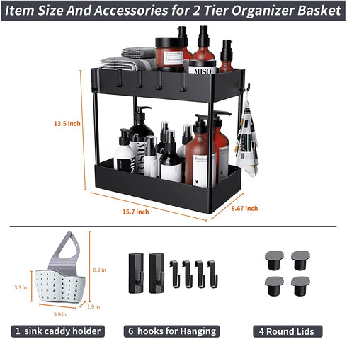 Under Sink Organizer, Under Sink Organizers and Storage Under Sink Shelf 2 Tier Under Sink Organizer Rack Under Sink Storage for Kitchen Bathroom Countertop And Cabinet,Bath Collection Baskets Black