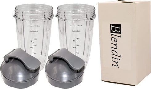 Blendin Flip Top To Go Lid and 24oz Tall Cup with measurement markings, Compatible with Nutribullet 600W, 900W, NB-101B, 900 Pro Series Blenders (2 Pack)