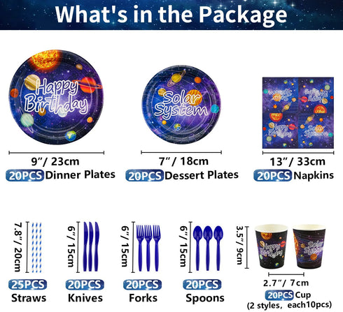 XJLANTTE Outer Space Party Supplies - Solar System Galaxy Planet Theme Happy Birthday Banner, Plates, Napkins, Cup, Straws, Knives, Fork, Spoon and Tablecloth for Boys Decorations, Serves 20 Guests