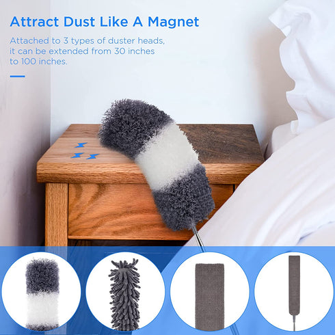 Dusters for Cleaning, Extendable Microfiber Duster with Extension Pole 30 to 100 Inches, Reusable Bendable Dusters Long Feather Duster Kit for Cleaning High Ceiling Fan, Lamp, Furniture, Blinds, Car