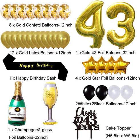 Gold 43rd Birthday Decorations Kit, Cheers To 43 Years Banner Balloons 43rd Cake Topper Birthday Sash Gold Tinsel Foil Fringe Curtains for 43 Birthday&Anniversary Decorations