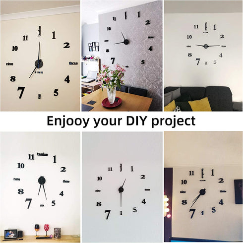 VREAONE Frameless DIY Wall Clock,Large Modern 3D Mirror Wall Clock Decor Sticker DIY Clock kit for Home Living Room Bedroom Office Wall Decorations(Black)