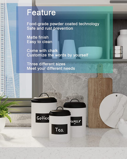 LF Likefair Farmhouse Kitchen Canisters Set of 3,Food Storage Containers for Home Kitchen, Tea, Herbs, Sugar, Salt, Coffee, Flour, Herbs (White & Black)