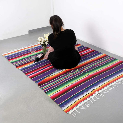 OurWarm Mexican Serape Tablecloth Fringe Cotton Mexican Blanket, Handwoven Fiesta Tablecloth for Mexican Party Cinco de Mayo Decorations, 84 x 59 Inch