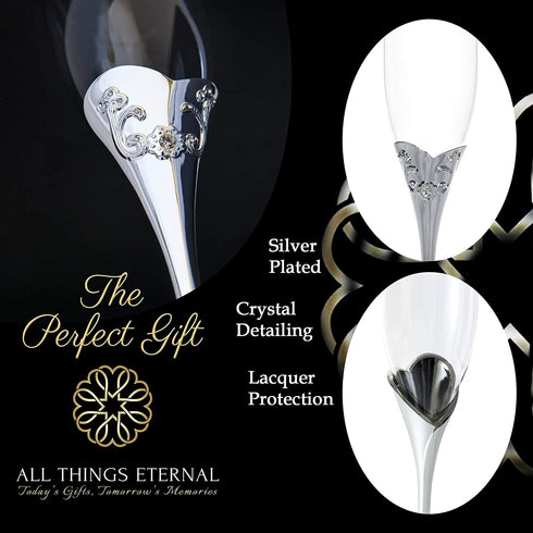 Memories Champagne Flutes, Set of Two Elegant Clear Glass 6.8 fl oz 200ml, silver plated stems, vine leaf design, clear crystals for special celebrations weddings anniversaries birthdays graduations
