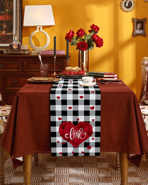 Valentine's Day Table Runner 13x90 Inch, Romantic Red Love Heart Vintage Black White Buffalo Plaid Table Runner Dresser Scarves for Valentines Day Dinner Parties Washable Cotton Linen Table Runners