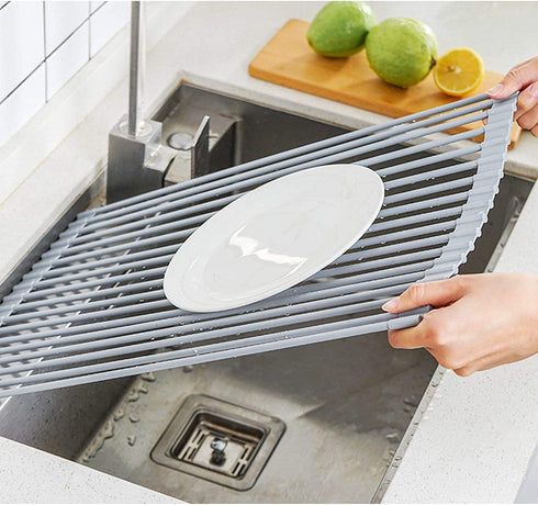 Generic Roll Up Dish Drying Rack,Over The Sink Dish Rack Kitchen Rolling Dish Drainer Multipurpose Foldable Over Sink Kitchen Drainer Rack for Cups Fruits Vegetables(Warm Grey ,17x13.5 inch) (1)