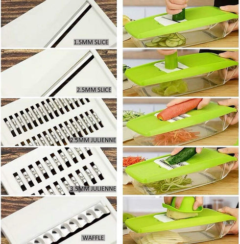 GProME Mandoline Slicer Vegetable Spiralizer, Food Slicer 6-in-1 French Fry Cutter, Food Waffle,Julienne Grater- Potato Slicer Sharp Stainless Steel Blades(Green)