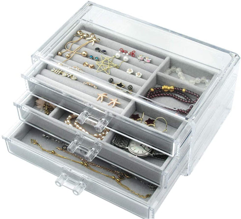 Acrylic Jewelry Box 3 Drawers, Velvet Jewellery Organizer, Earring Rings Necklaces Bracelets Display Case Gift for Women, Girls