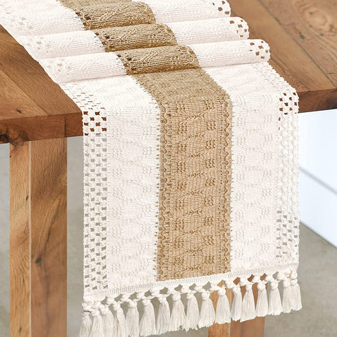Senneny Macrame Table Runner, Cream Beige Boho Table Runner with Tassels, Hand Woven Cotton and Burlap Splicing Table Runner, Rustic Farmhouse Table Runner for Bohemian, Fall, Kitchen Dining Table