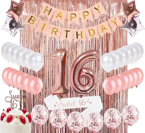 Sllyfo Sweet 16 Party Supplies 16th Birthday Decorations Kit - 16th Birthday Gifts for Girls,16th Cake Topper|Banner|sash|Rose Gold Curtain Backdrop Props|Confetti Balloons|Champagne Balloon. (16)