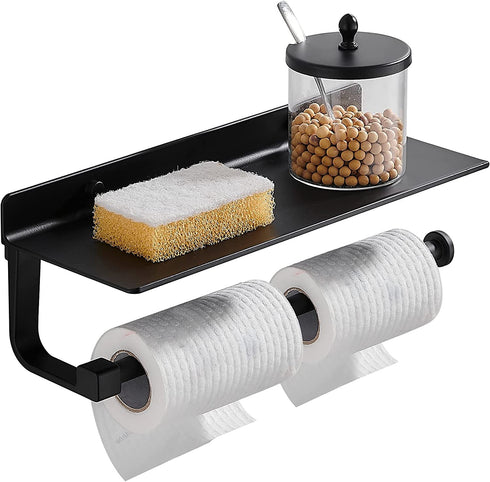 Danpoo Paper Towel Holder Wall Mounted for Kitchen 13 Inch, Bathroom Tissue Mega Roll Hanger with Mobile Phone Storage Shelf,Space Aluminum, Wall Mount with Screws (Matte Black)
