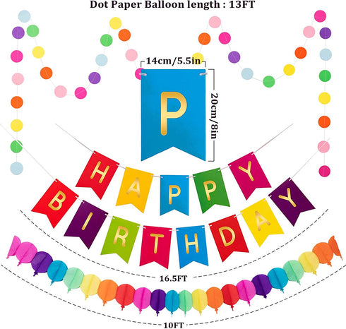 Whaline Colourful Birthday Decorations Hot-air Balloon Fiesta Hanging Paper Fans Hanging Swirl Polka Dot String Pom Poms Flowers Happy Birthday Banner Paper Garland for Birthday Decor Party 20Pcs