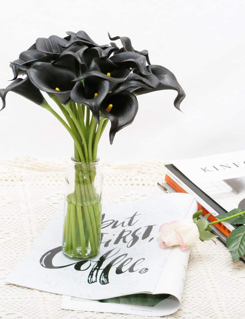 20Pcs Calla Lily Fake Black Flowers Wedding Bouquet Artificial Real Touch Latex Flowers Home Wedding Party Decor (Black)