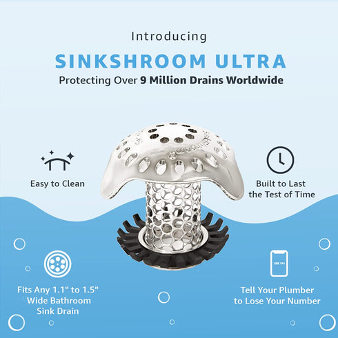 SinkShroom Bathroom Sink Drain Protector in Stainless Steel with StopShroom, Stainless with Stopper