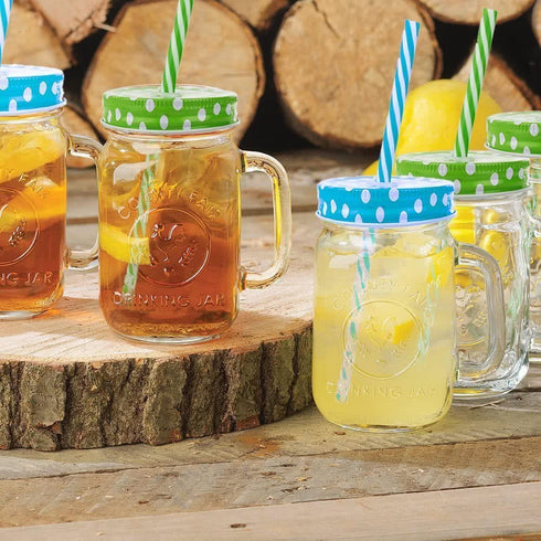 Mason Jar Mugs with Handle, multi COLORED Lids and Plastic Straws. 16 Oz. Each. Old Fashion Drinking Glasses - pack of 4 by Premium Vials