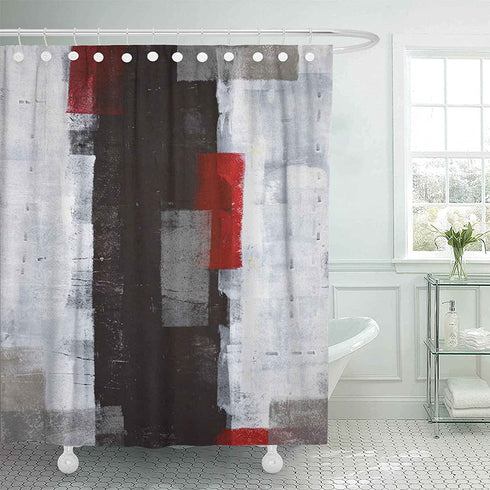 Emvency Fabric Shower Curtain Curtains with Hooks Black Modern Red and Grey Abstract Painting White Wall Acrylic Contemporary Gallery Lines Squares Interior 66"X72" Waterproof Decorative Bathroom
